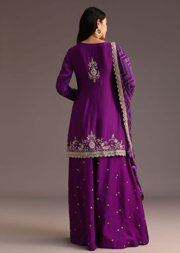 Purple Zari Work Palazzo Suit With Organza Dupatta