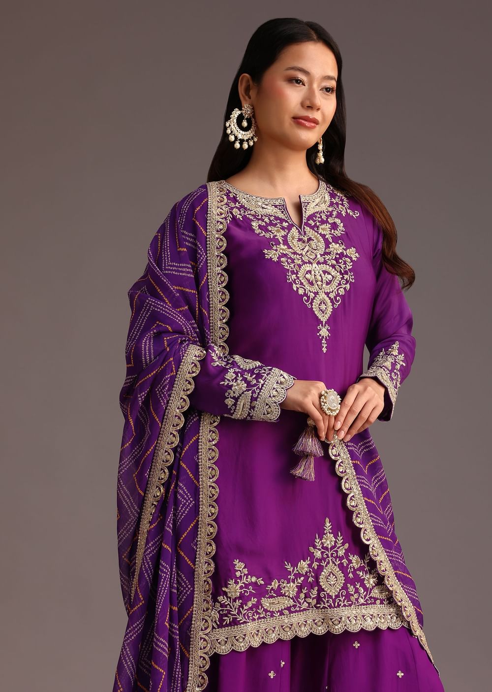 Purple Zari Work Palazzo Suit With Organza Dupatta