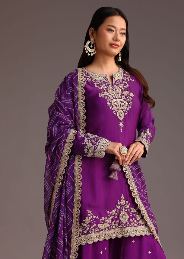 Purple Zari Work Palazzo Suit With Organza Dupatta