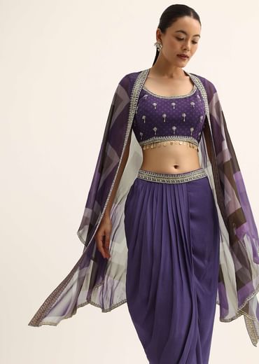 Purple Zig Zag Print Jacket And Skirt Set