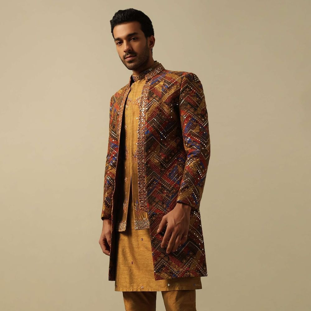 Radiant Orange Silk Indowestern For Men