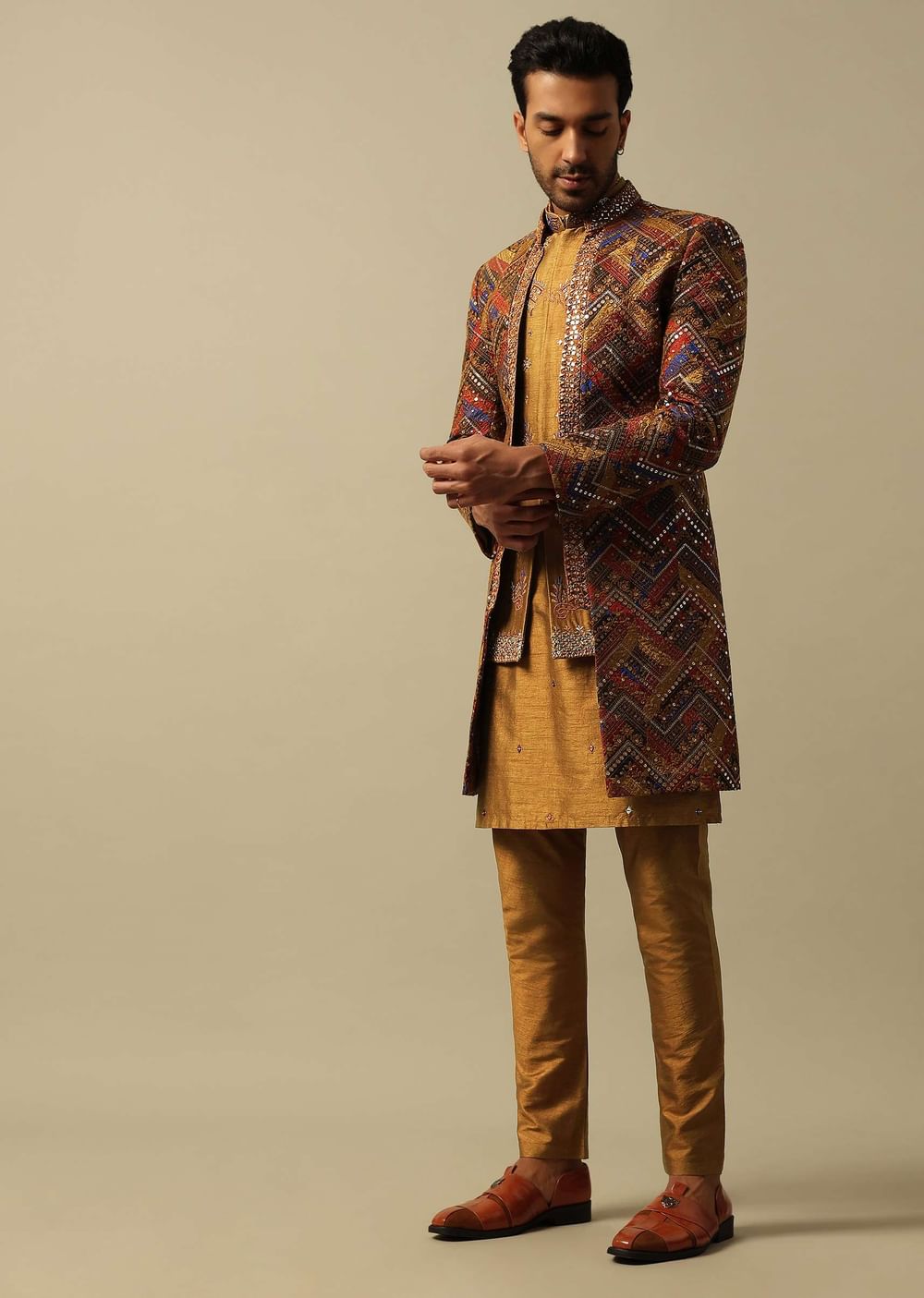 Radiant Orange Silk Indowestern For Men
