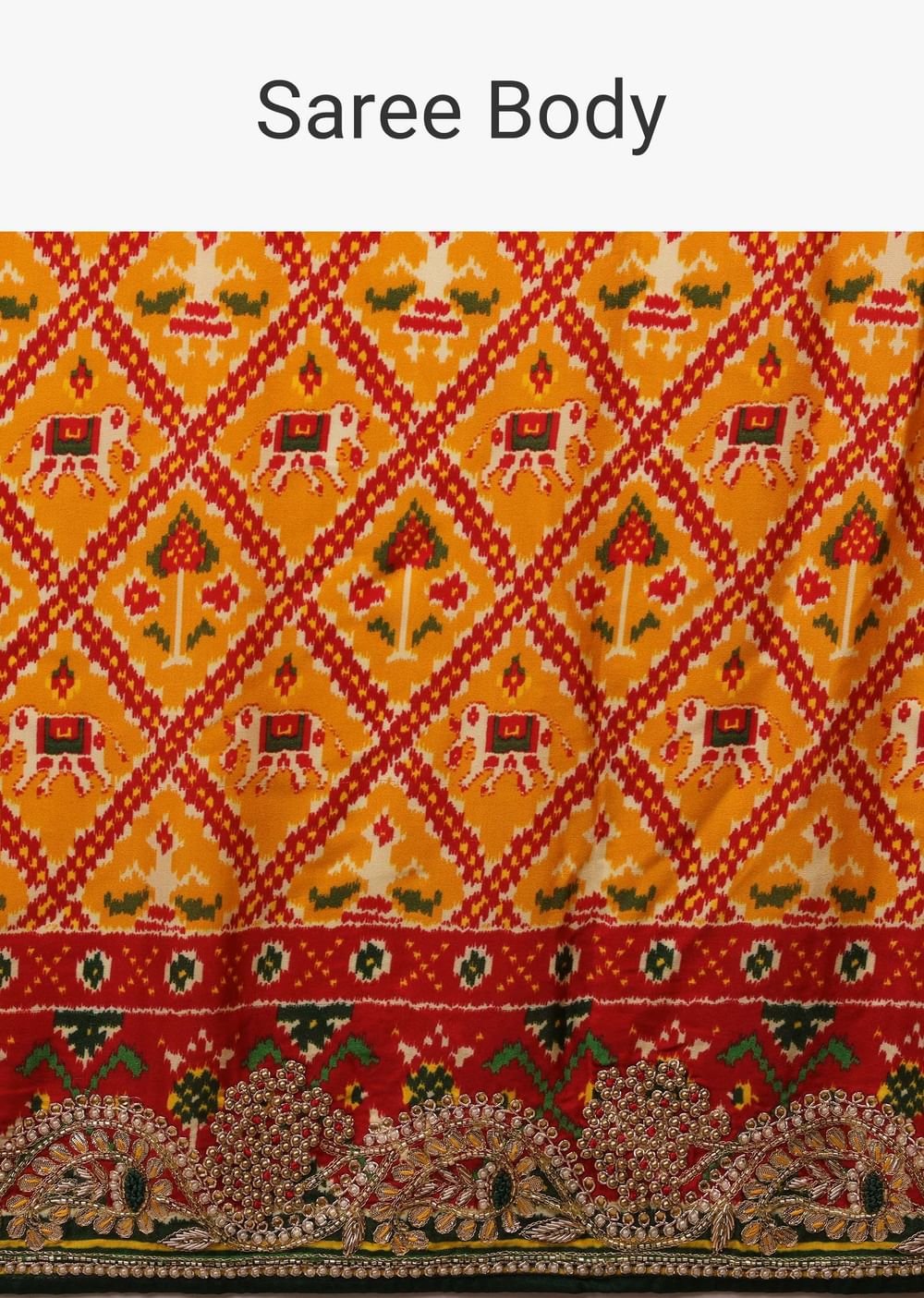 Radiant Yellow Saree In Satin With Multi Colored Patola Print And Gotta Patti Embroidered Border