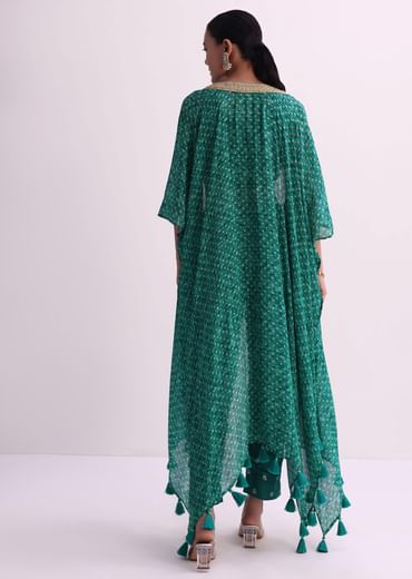 Rama Green Silk Crop Top And Pant Set With Bandhani Print Jacket