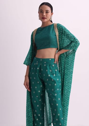 Rama Green Silk Crop Top And Pant Set With Bandhani Print Jacket