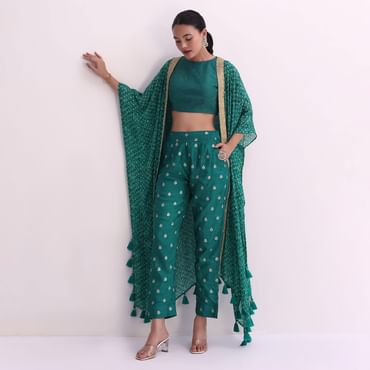 Rama Green Silk Crop Top And Pant Set With Bandhani Print Jacket