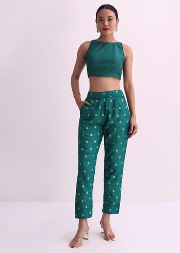 Rama Green Silk Crop Top And Pant Set With Bandhani Print Jacket