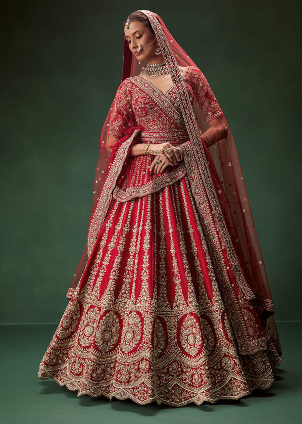 Rani Bridal Lehenga With Resham Work Dupattas