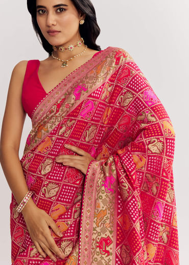 Rani Dola Silk Bandhani Saree With Multicolor Animal Motifs And Gota Border