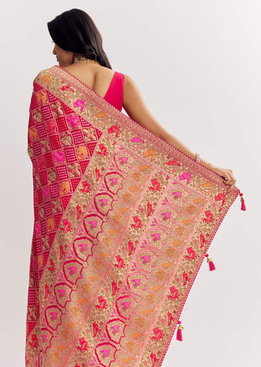 Rani Dola Silk Bandhani Saree With Multicolor Animal Motifs And Gota Border
