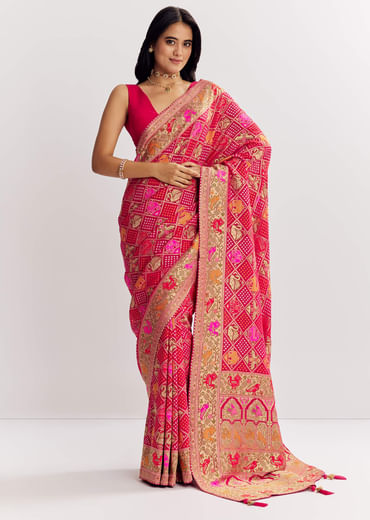 Rani Dola Silk Bandhani Saree With Multicolor Animal Motifs And Gota Border