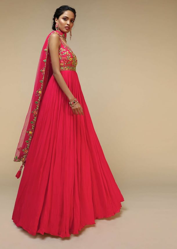 Rani Pink Anarkali Suit In Crushed Georgette With A Hand Embroidered Bodice Adorned In Multi Colored Resham And Sequins Work Rani Pink Anarkali Suit In Crushed Georgette With A Hand Embroidered Bodice Adorned In Multi Colored Resham And Sequins Work