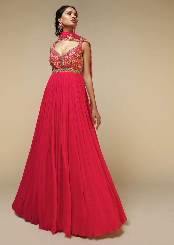 Rani Pink Anarkali Suit In Crushed Georgette With A Hand Embroidered Bodice Adorned In Multi Colored Resham And Sequins Work Rani Pink Anarkali Suit In Crushed Georgette With A Hand Embroidered Bodice Adorned In Multi Colored Resham And Sequins Work