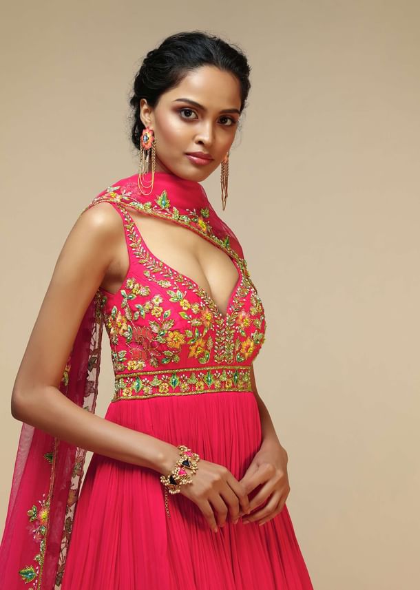 Rani Pink Anarkali Suit In Crushed Georgette With A Hand Embroidered Bodice Adorned In Multi Colored Resham And Sequins Work Rani Pink Anarkali Suit In Crushed Georgette With A Hand Embroidered Bodice Adorned In Multi Colored Resham And Sequins Work