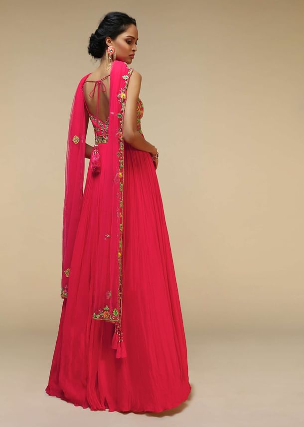 Rani Pink Anarkali Suit In Crushed Georgette With A Hand Embroidered Bodice Adorned In Multi Colored Resham And Sequins Work Rani Pink Anarkali Suit In Crushed Georgette With A Hand Embroidered Bodice Adorned In Multi Colored Resham And Sequins Work