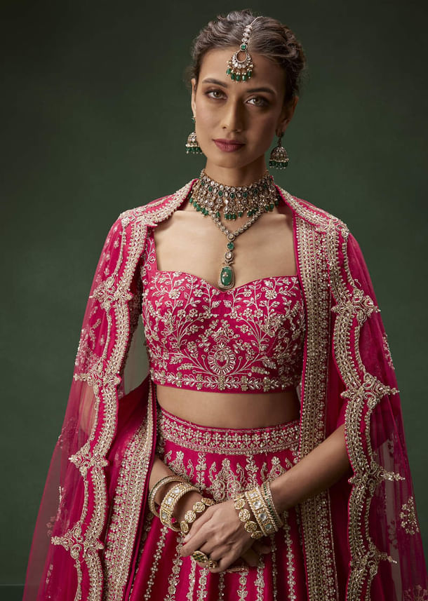 Rani Pink Bridal Lehenga With Embroidered Blouse And Heavily Worked Dupattas