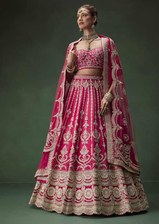 Rani Pink Bridal Lehenga With Embroidered Blouse And Heavily Worked Dupattas