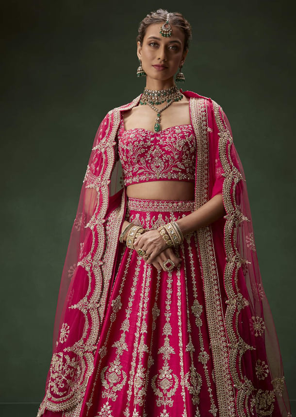 Rani Pink Bridal Lehenga With Embroidered Blouse And Heavily Worked Dupattas