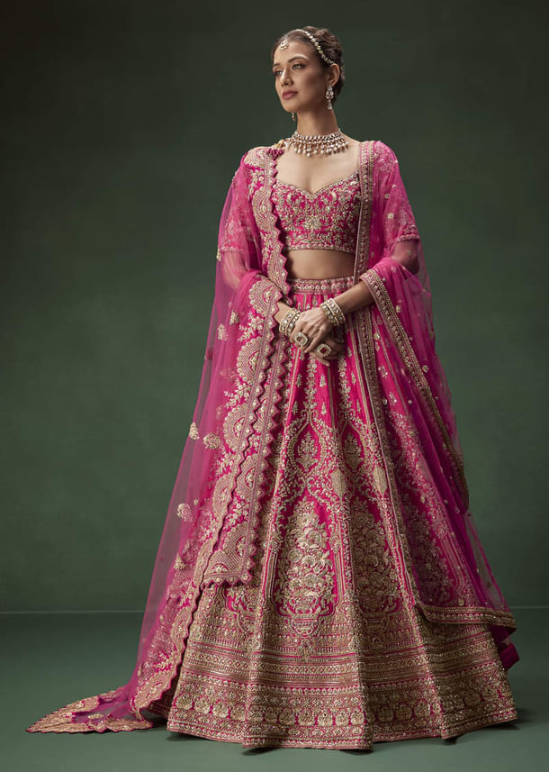 Rani Pink Bridal Lehenga With Gold Zari And Rich Embroidery