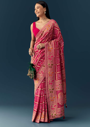 Rani Pink Dola Silk Bandhani Woven Saree with Unstitched Blouse