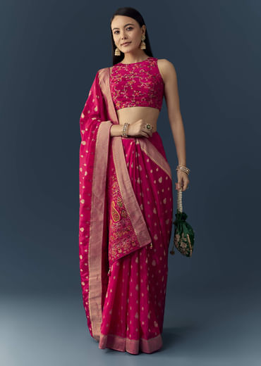 Rani Pink Dola Silk Brocade Woven Saree with Unstitched Blouse