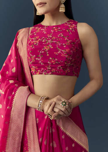 Rani Pink Dola Silk Brocade Woven Saree with Unstitched Blouse
