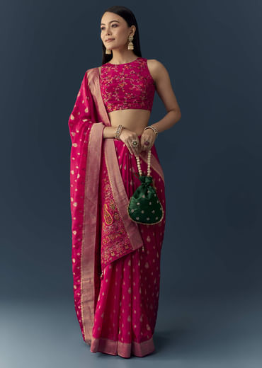 Rani Pink Dola Silk Brocade Woven Saree with Unstitched Blouse