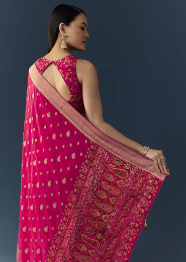 Rani Pink Dola Silk Brocade Woven Saree with Unstitched Blouse