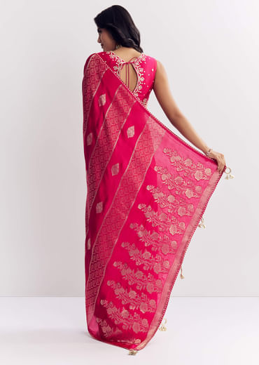 Rani Pink Dola Silk Saree With Gota Patti Woven Motif