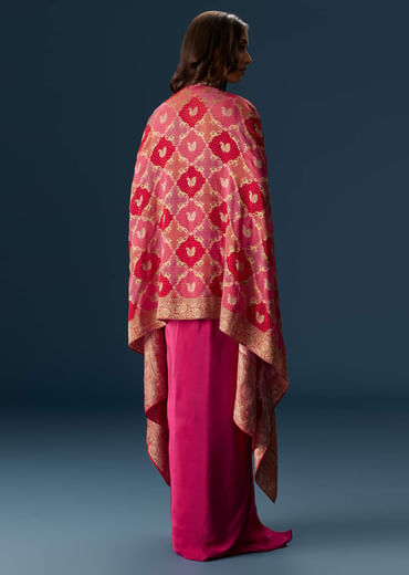 Rani Pink Embellished Blouse And Drape Skirt Set With Statement Cape