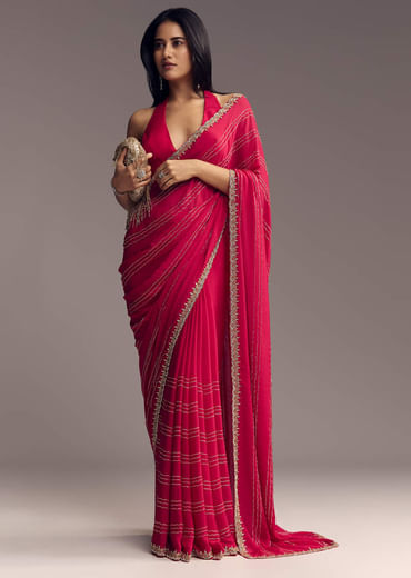 Rani Pink Embroidered Chinon Saree With Cut Dana