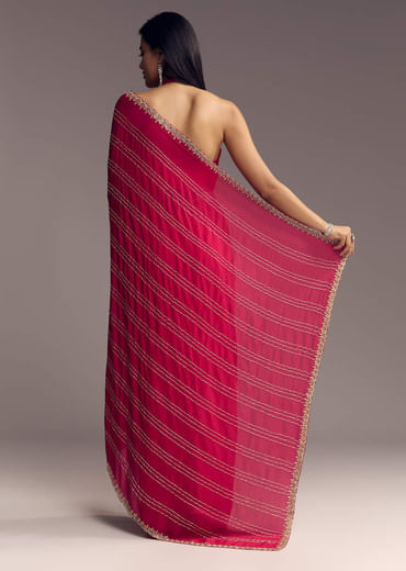 Rani Pink Embroidered Chinon Saree With Cut Dana