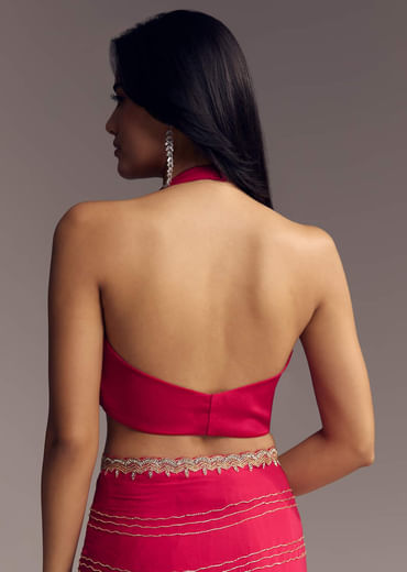 Rani Pink Embroidered Chinon Saree With Cut Dana