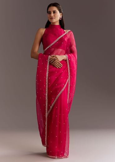 Rani Pink Glass Tissue Saree With Cutdana And Sequins Scallop Border