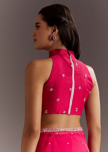 Rani Pink Glass Tissue Saree With Cutdana And Sequins Scallop Border