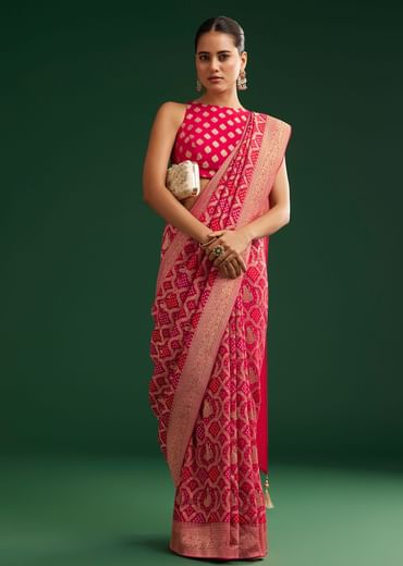 Rani Pink Khaddi Georgette Saree With Zari Woven Jaal Work