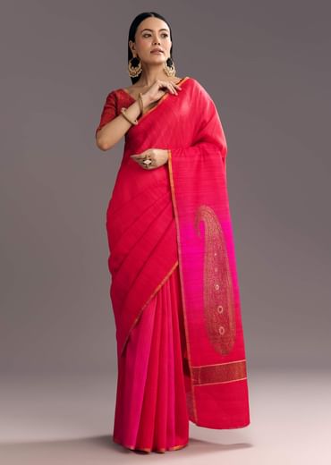 Rani Pink Kora Silk Handloom Saree With Woven Motif