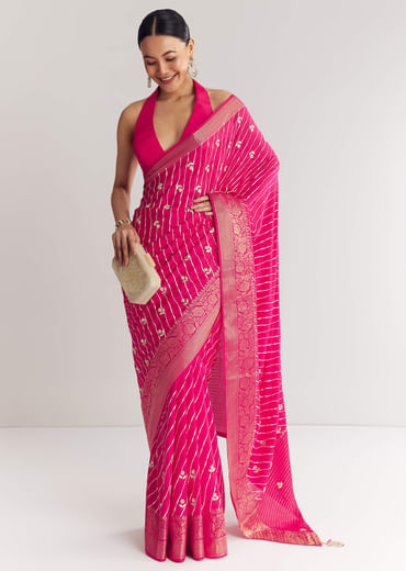 Rani Pink Leheriya Print With Floral Gotapatti And Moti Embroidery.