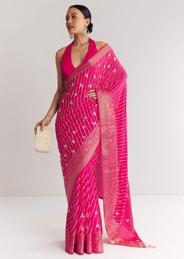 Rani Pink Leheriya Print With Floral Gotapatti And Moti Embroidery.