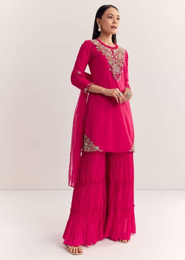 Rani Pink Organza Embroidered Kurta Set With Dupatta