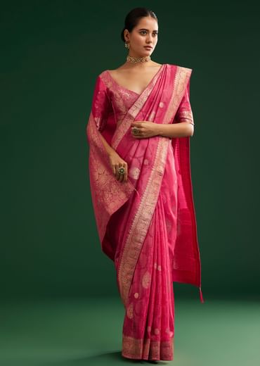 Rani Pink Saree With Woven Zari Motif And Embroidered Blouse