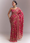 Rani Pink Satin Saree With Handwoven Ikat Print And Mirror Work