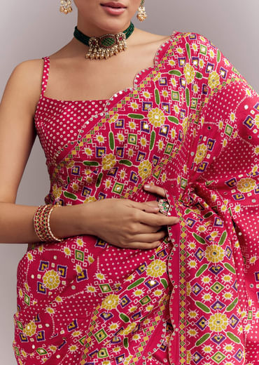 Rani Pink Satin Saree With Handwoven Ikat Print And Mirror Work