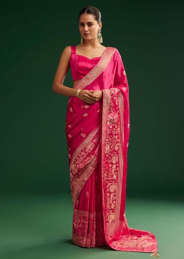 Rani Pink Satin Saree With Zari Woven Design