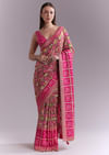 Rani Pink Silk Saree With Bandhani Work And Elephant Motifs