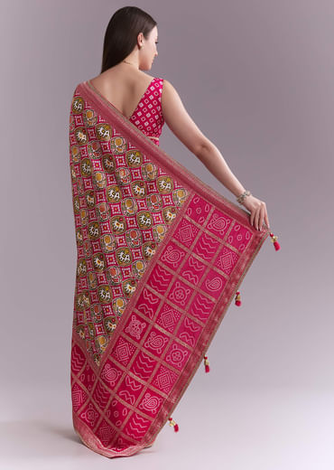 Rani Pink Silk Saree With Bandhani Work And Elephant Motifs