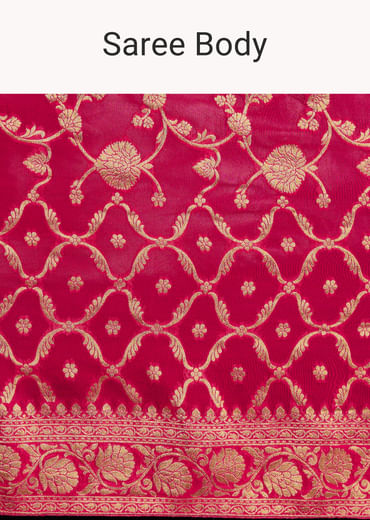 Rani Pink Woven Saree With Jaal Work And Floral Border