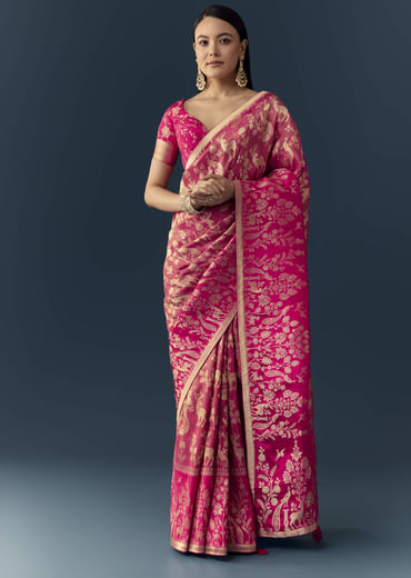 Rani Pink Zari Weave Saree with Brocade Blouse Fabric