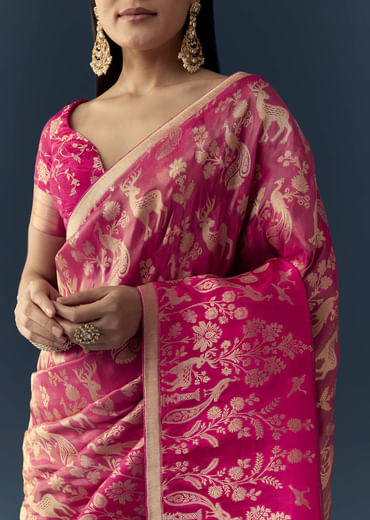 Rani Pink Zari Weave Saree with Brocade Blouse Fabric