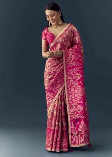 Rani Pink Zari Weave Saree with Brocade Blouse Fabric